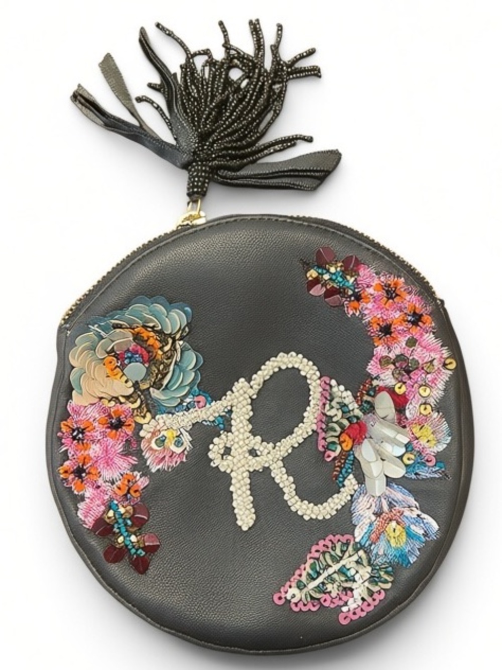 Anthropologie x Anna Harlow Russo Leather Beaded Monogram R Pouch Clutch Bag